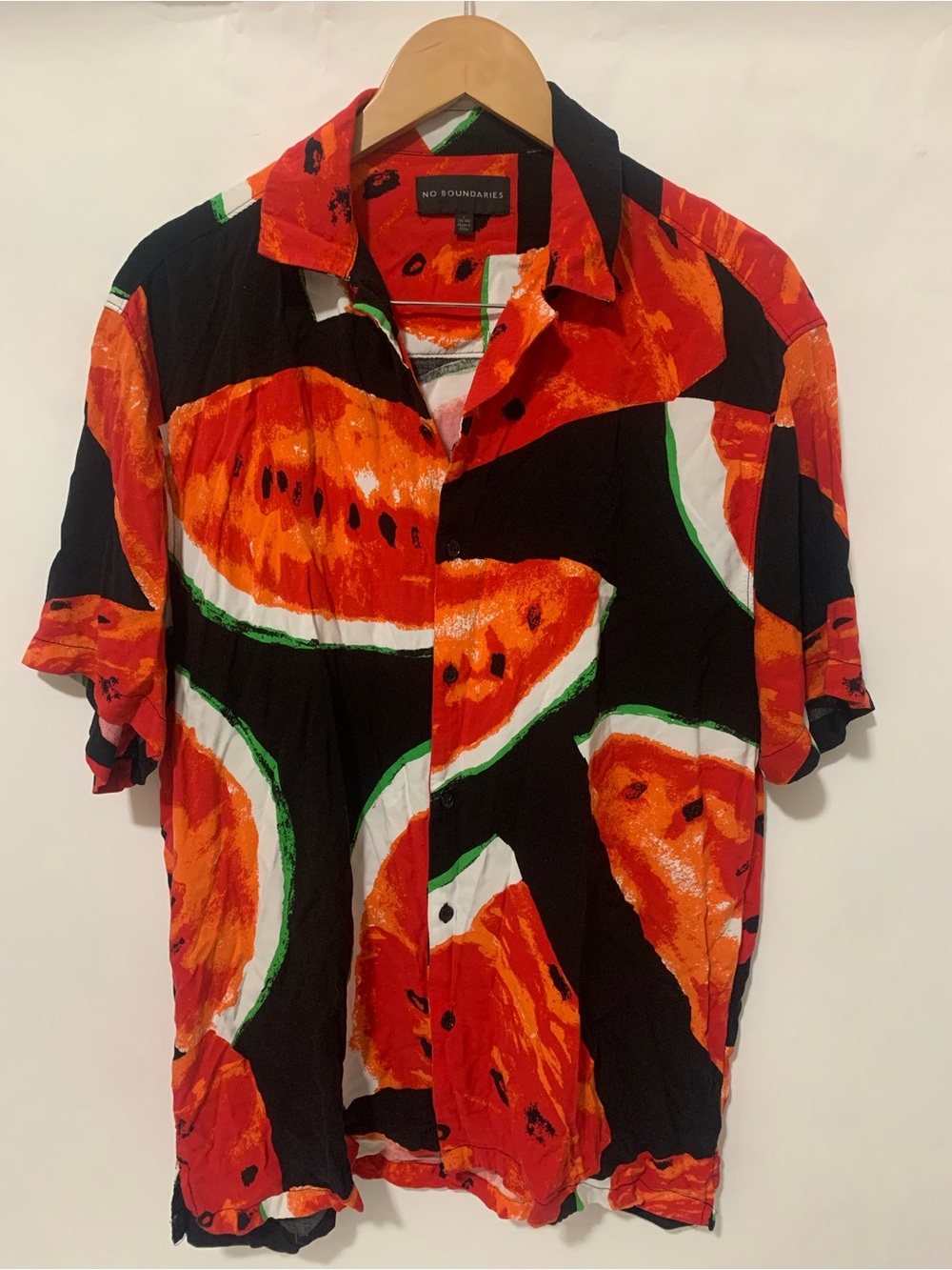 No Boundaries Men’s Black, Red & Green Watermelon Print Button-Up Shirt Rayon